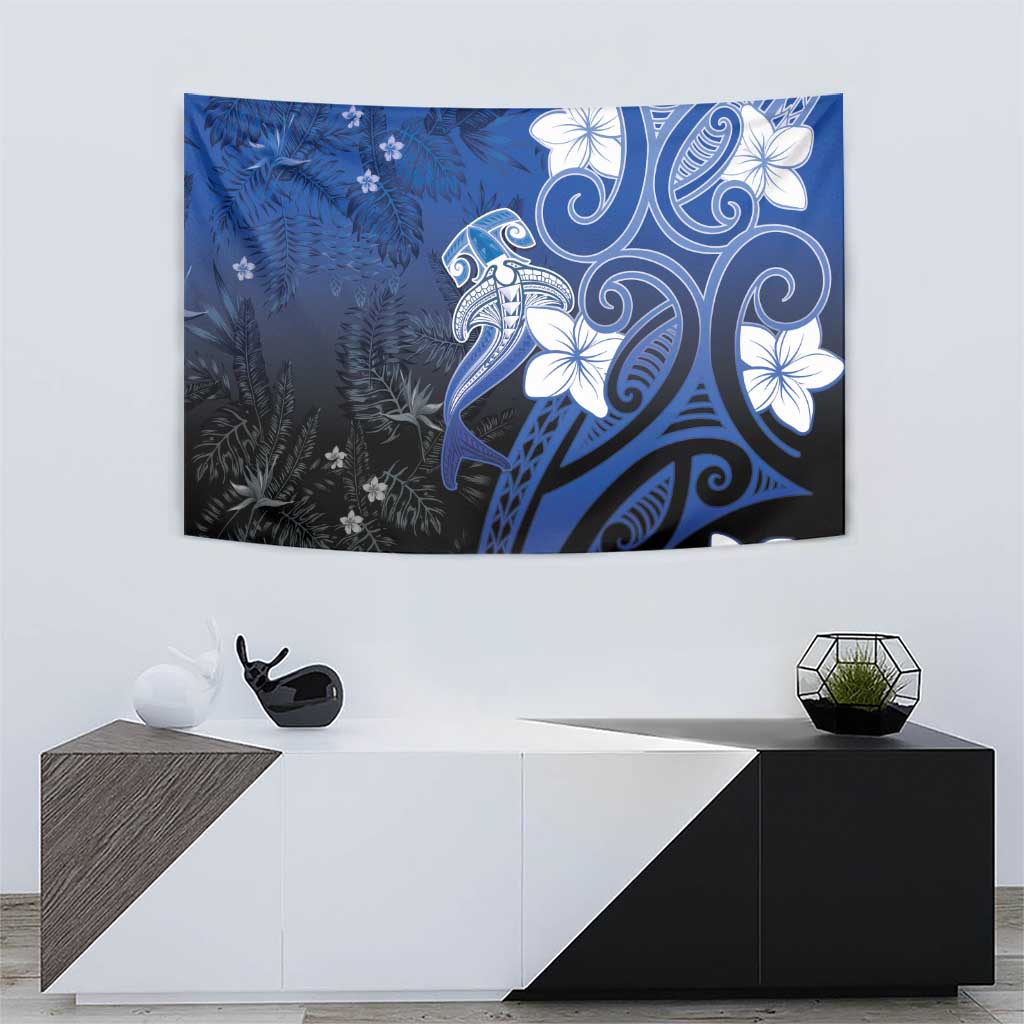 Polynesia Hammerhead Shark Tapestry Blue Tribal Pattern With Plumeria - Polynesian Pride