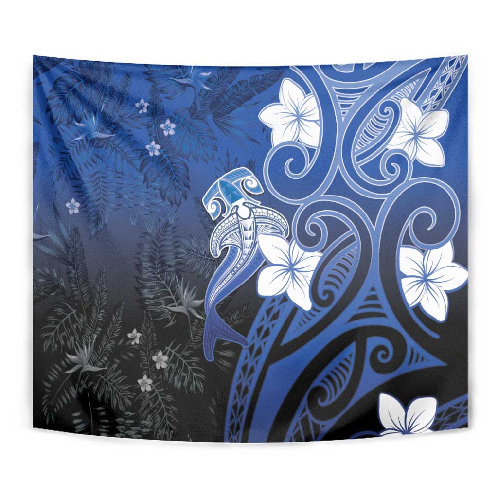 Polynesia Hammerhead Shark Tapestry Blue Tribal Pattern With Plumeria - Polynesian Pride