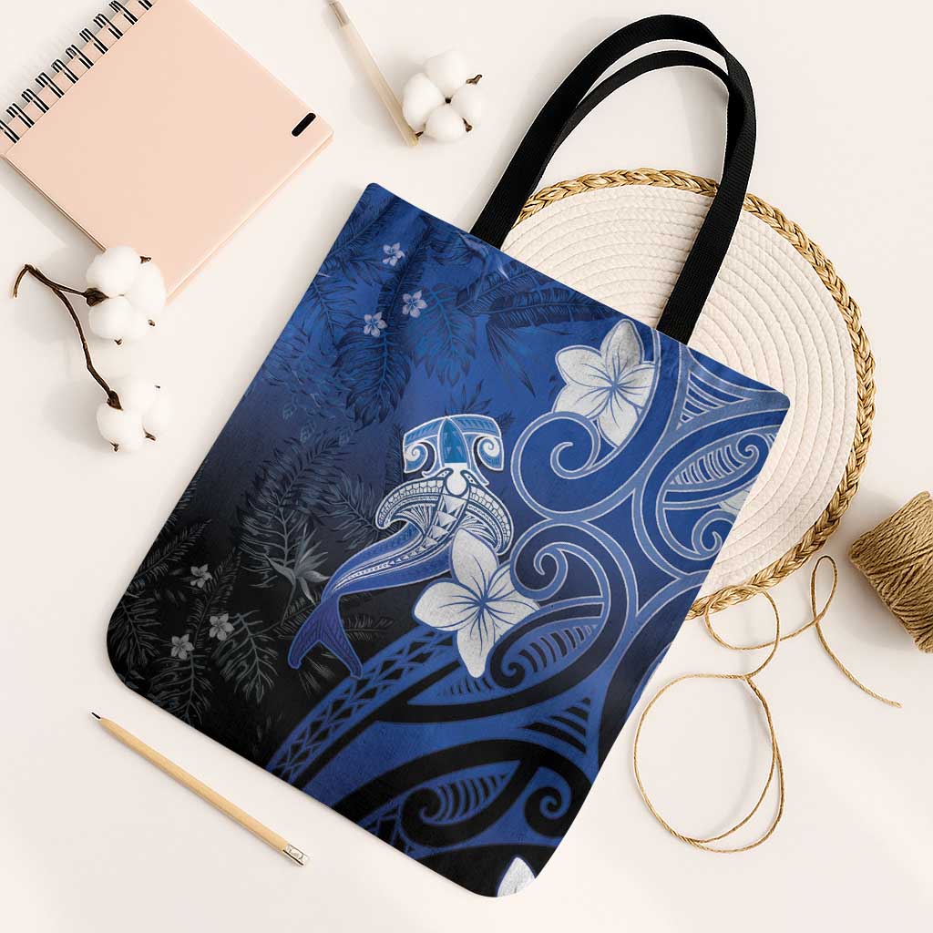 Polynesia Hammerhead Shark Tote Bag Blue Tribal Pattern With Plumeria - Polynesian Pride