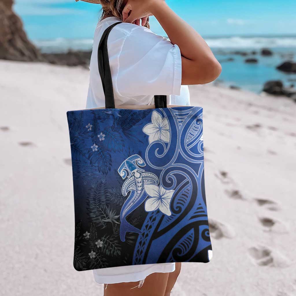 Polynesia Hammerhead Shark Tote Bag Blue Tribal Pattern With Plumeria - Polynesian Pride