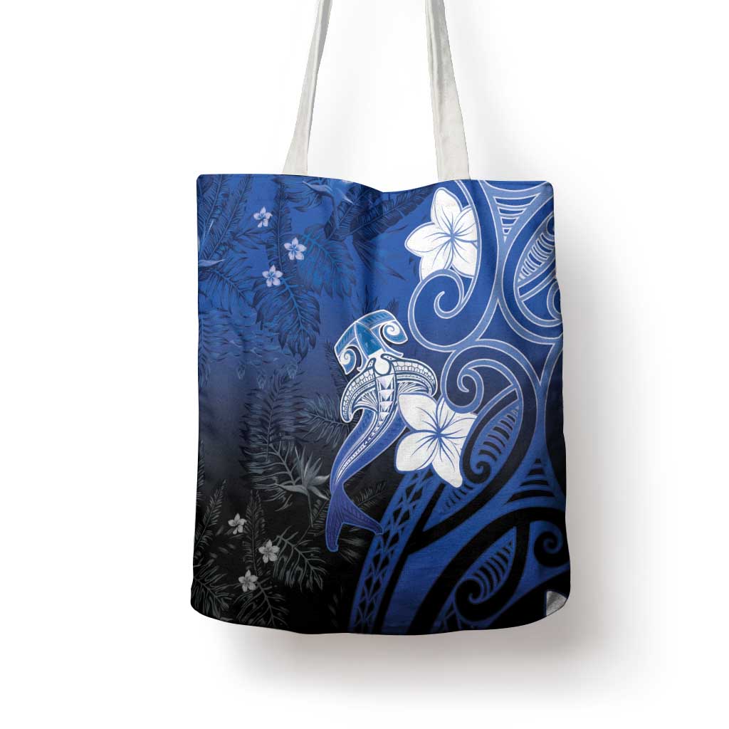 Polynesia Hammerhead Shark Tote Bag Blue Tribal Pattern With Plumeria - Polynesian Pride