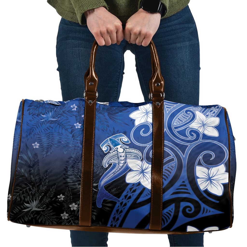 Polynesia Hammerhead Shark Travel Bag Blue Tribal Pattern With Plumeria - Polynesian Pride