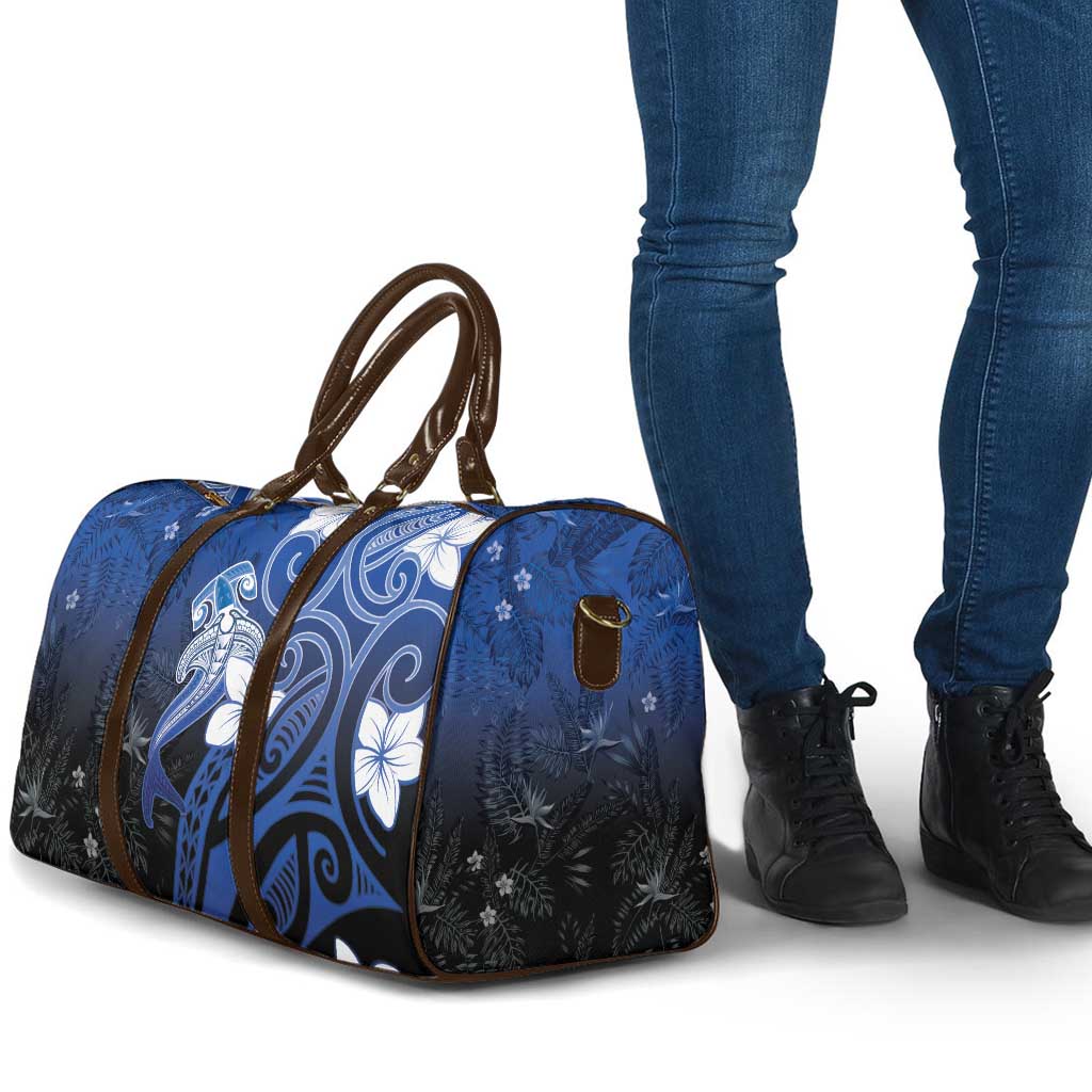 Polynesia Hammerhead Shark Travel Bag Blue Tribal Pattern With Plumeria - Polynesian Pride