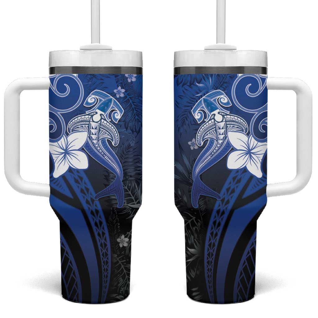 Polynesia Hammerhead Shark Tumbler With Handle Blue Tribal Pattern With Plumeria LT05 One Size: 40 oz Blue - Polynesian Pride