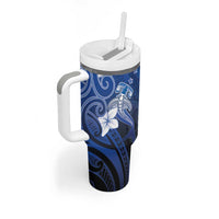 Polynesia Hammerhead Shark Tumbler With Handle Blue Tribal Pattern With Plumeria - Polynesian Pride