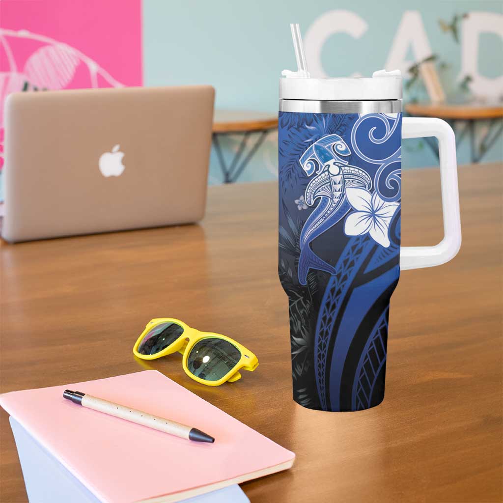 Polynesia Hammerhead Shark Tumbler With Handle Blue Tribal Pattern With Plumeria - Polynesian Pride