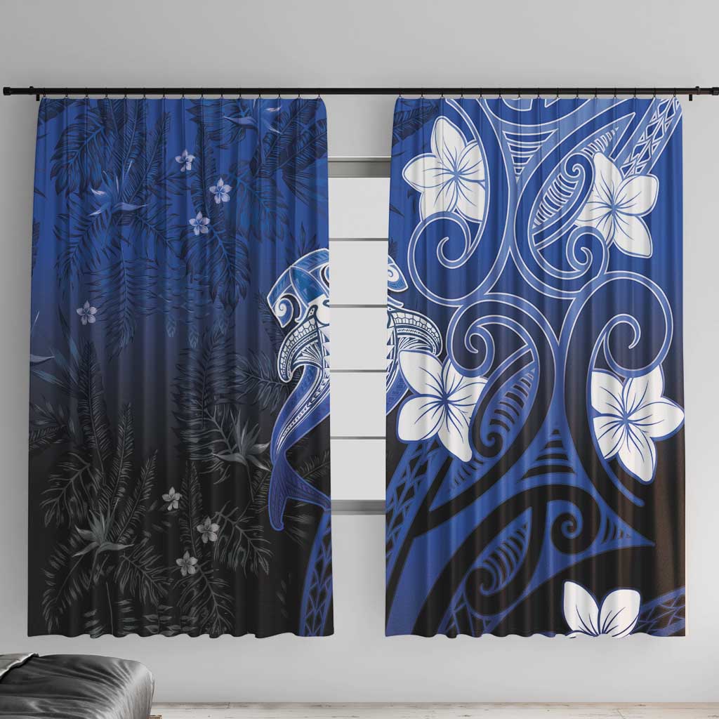 Polynesia Hammerhead Shark Window Curtain Blue Tribal Pattern With Plumeria LT05 With Hooks Blue - Polynesian Pride