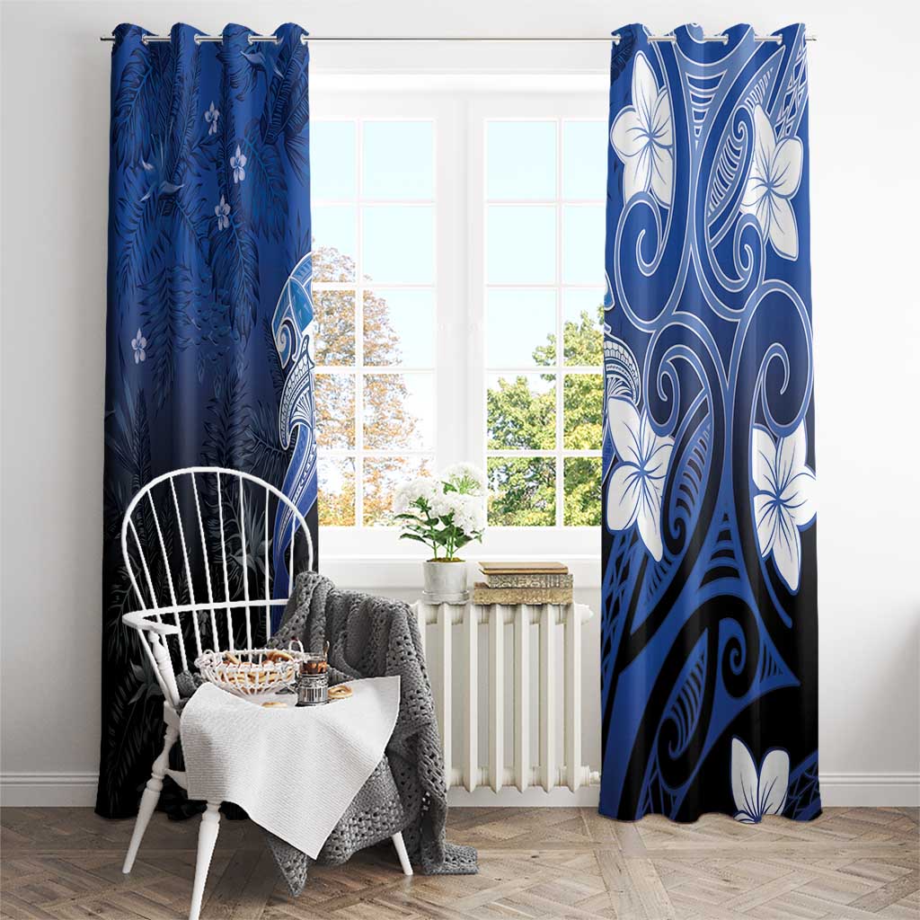 Polynesia Hammerhead Shark Window Curtain Blue Tribal Pattern With Plumeria - Polynesian Pride