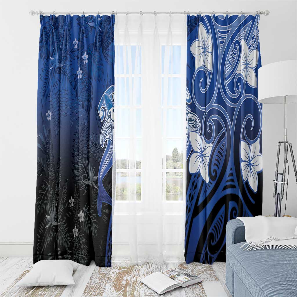 Polynesia Hammerhead Shark Window Curtain Blue Tribal Pattern With Plumeria - Polynesian Pride