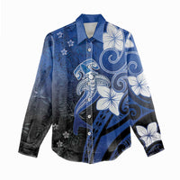 Polynesia Hammerhead Shark Women Casual Shirt Blue Tribal Pattern With Plumeria - Polynesian Pride