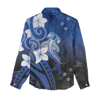 Polynesia Hammerhead Shark Women Casual Shirt Blue Tribal Pattern With Plumeria - Polynesian Pride