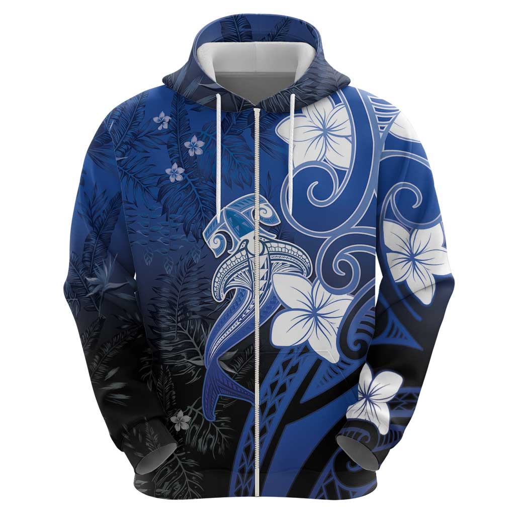Polynesia Hammerhead Shark Zip Hoodie Blue Tribal Pattern With Plumeria LT05 - Polynesian Pride