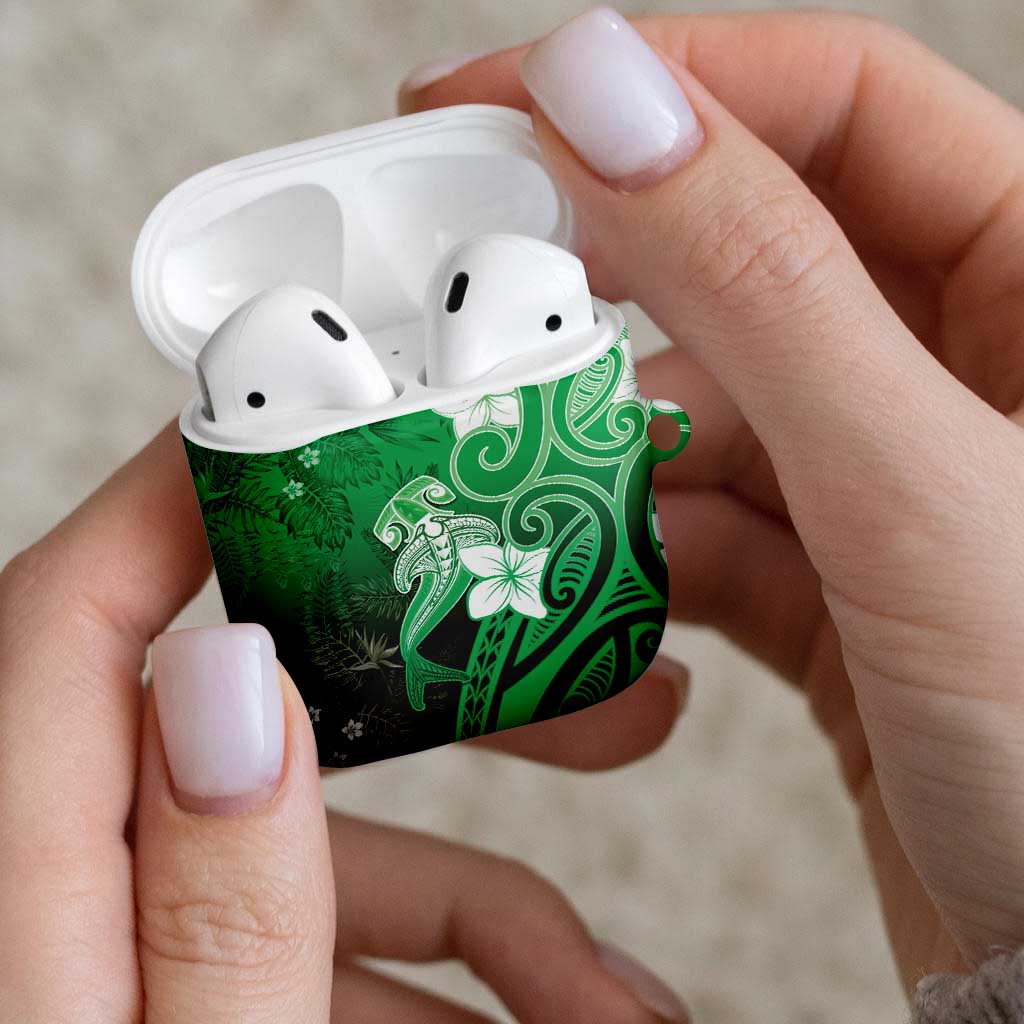 Polynesia Hammerhead Shark AirPods Case Green Tribal Pattern With Plumeria - Polynesian Pride