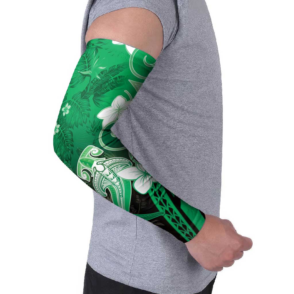 Polynesia Hammerhead Shark Arm Sleeves Green Tribal Pattern With Plumeria - Polynesian Pride