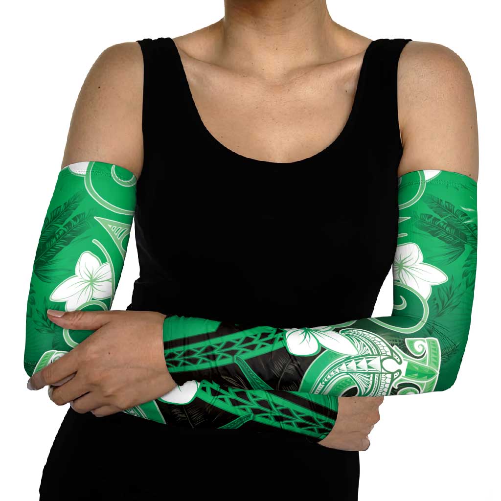 Polynesia Hammerhead Shark Arm Sleeves Green Tribal Pattern With Plumeria - Polynesian Pride