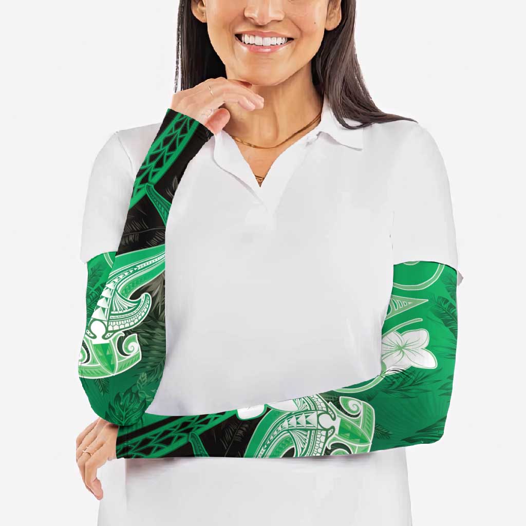 Polynesia Hammerhead Shark Arm Sleeves Green Tribal Pattern With Plumeria - Polynesian Pride
