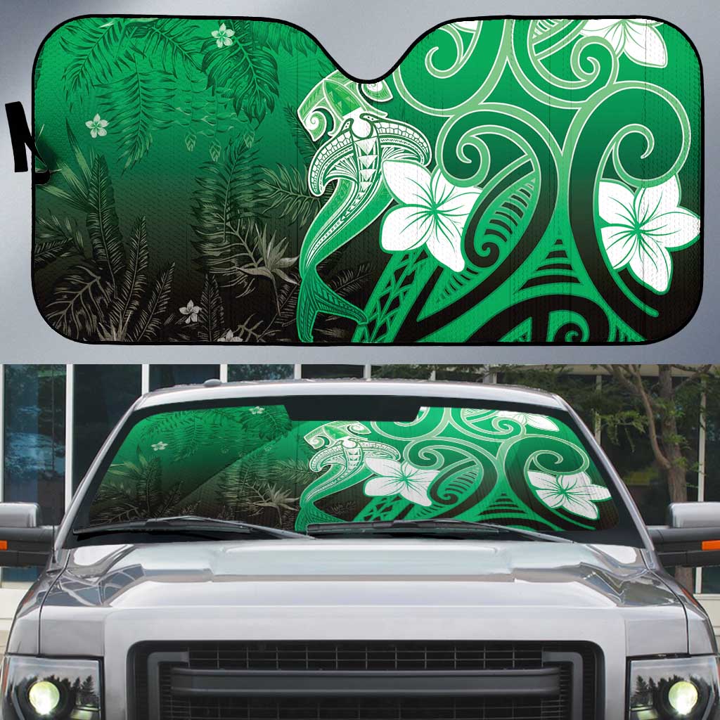 Polynesia Hammerhead Shark Auto Sun Shade Green Tribal Pattern With Plumeria - Polynesian Pride