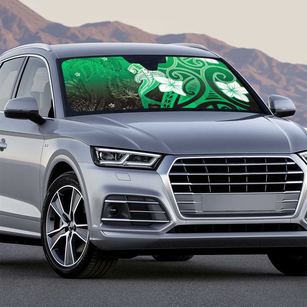 Polynesia Hammerhead Shark Auto Sun Shade Green Tribal Pattern With Plumeria - Polynesian Pride