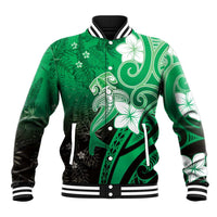 Polynesia Hammerhead Shark Baseball Jacket Green Tribal Pattern With Plumeria - Polynesian Pride