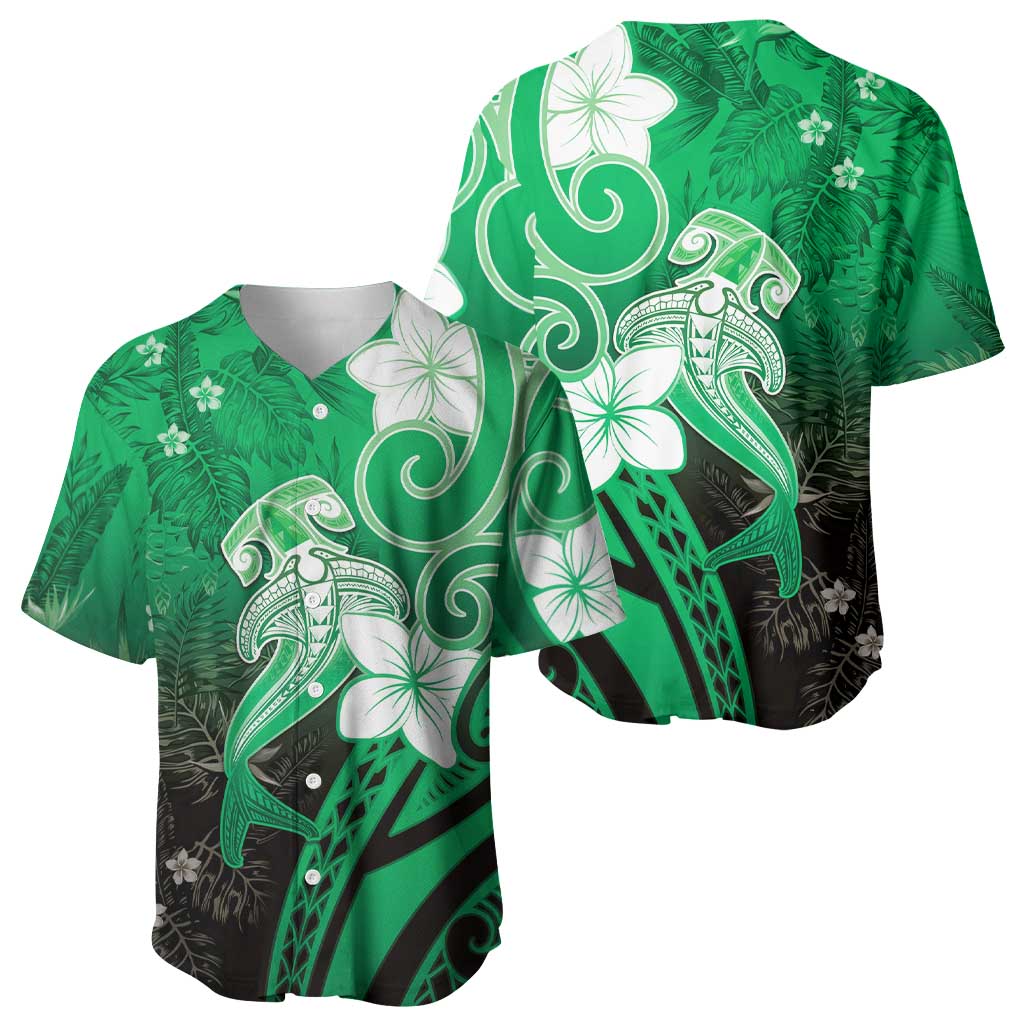 Polynesia Hammerhead Shark Baseball Jersey Green Tribal Pattern With Plumeria - Polynesian Pride