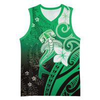Polynesia Hammerhead Shark Basketball Jersey Green Tribal Pattern With Plumeria - Polynesian Pride
