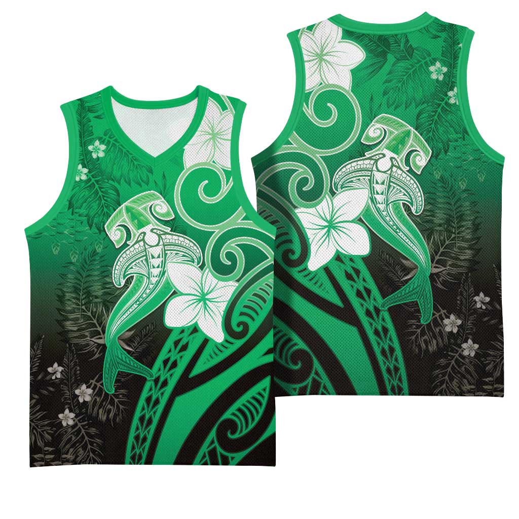Polynesia Hammerhead Shark Basketball Jersey Green Tribal Pattern With Plumeria - Polynesian Pride