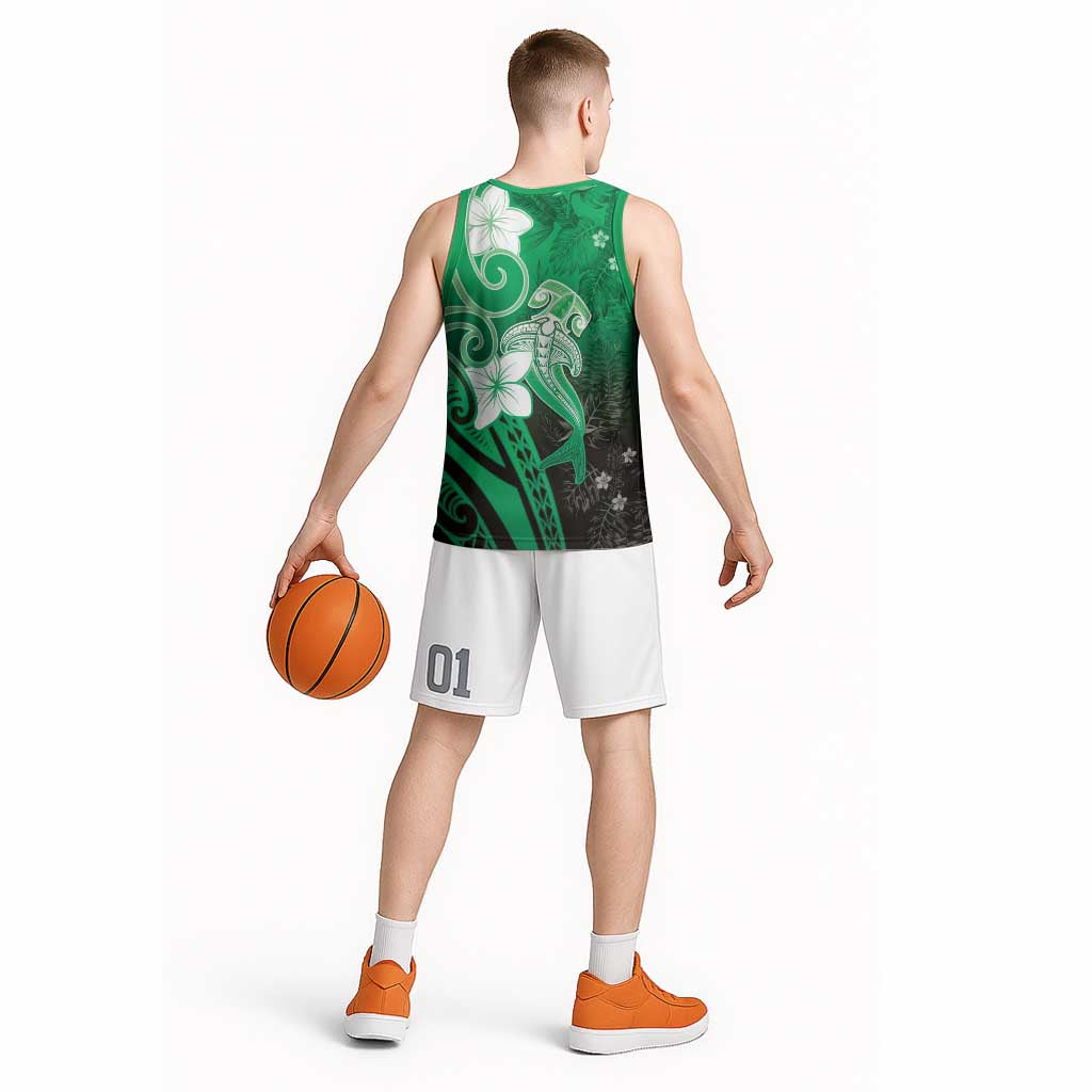 Polynesia Hammerhead Shark Basketball Jersey Green Tribal Pattern With Plumeria - Polynesian Pride