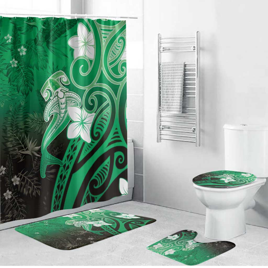 Polynesia Hammerhead Shark Bathroom Set Green Tribal Pattern With Plumeria - Polynesian Pride