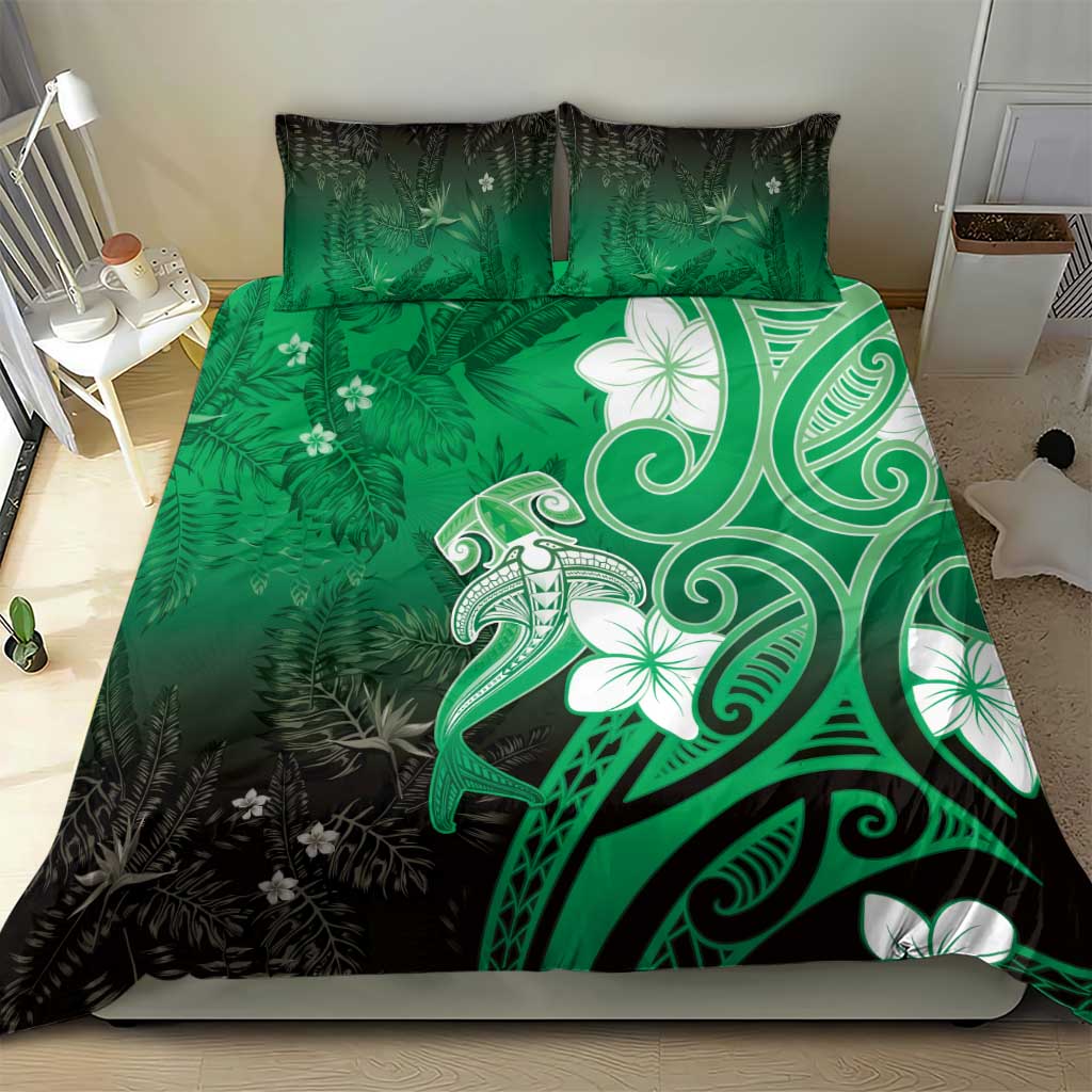 Polynesia Hammerhead Shark Bedding Set Green Tribal Pattern With Plumeria - Polynesian Pride