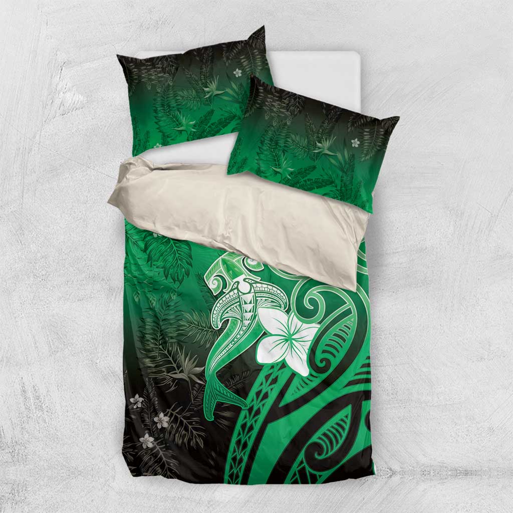 Polynesia Hammerhead Shark Bedding Set Green Tribal Pattern With Plumeria - Polynesian Pride