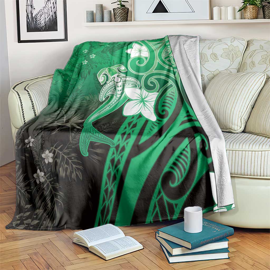 Polynesia Hammerhead Shark Blanket Green Tribal Pattern With Plumeria - Polynesian Pride