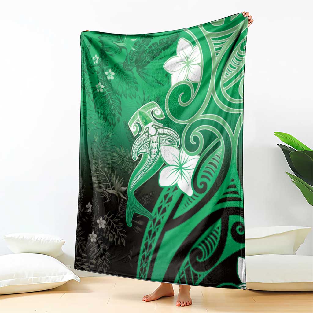 Polynesia Hammerhead Shark Blanket Green Tribal Pattern With Plumeria - Polynesian Pride