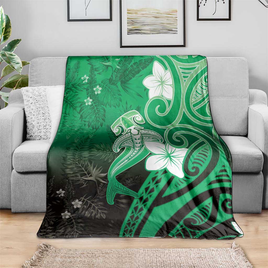 Polynesia Hammerhead Shark Blanket Green Tribal Pattern With Plumeria - Polynesian Pride