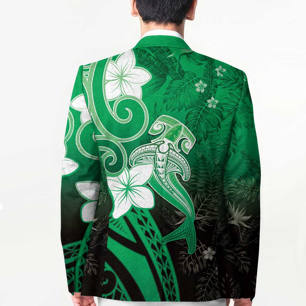 Polynesia Hammerhead Shark Blazer Green Tribal Pattern With Plumeria - Polynesian Pride