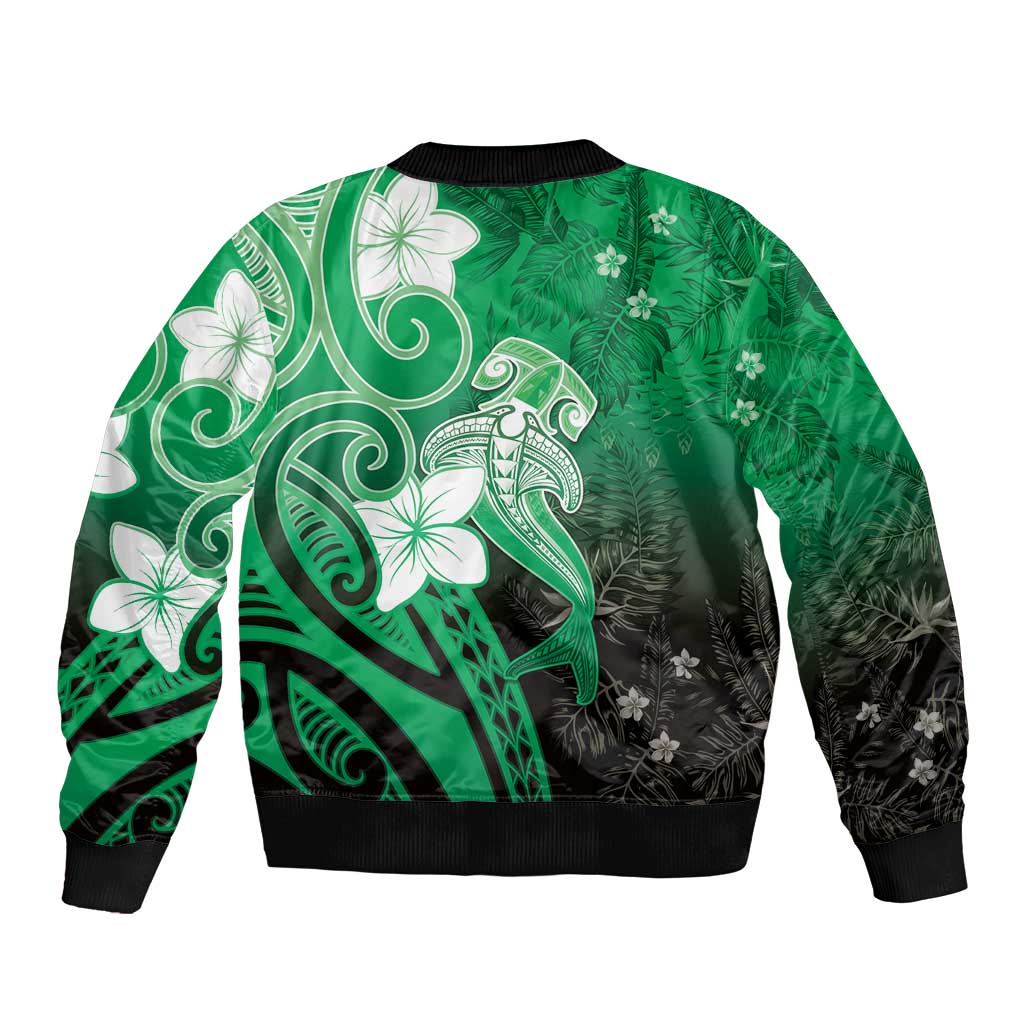 Polynesia Hammerhead Shark Bomber Jacket Green Tribal Pattern With Plumeria - Polynesian Pride