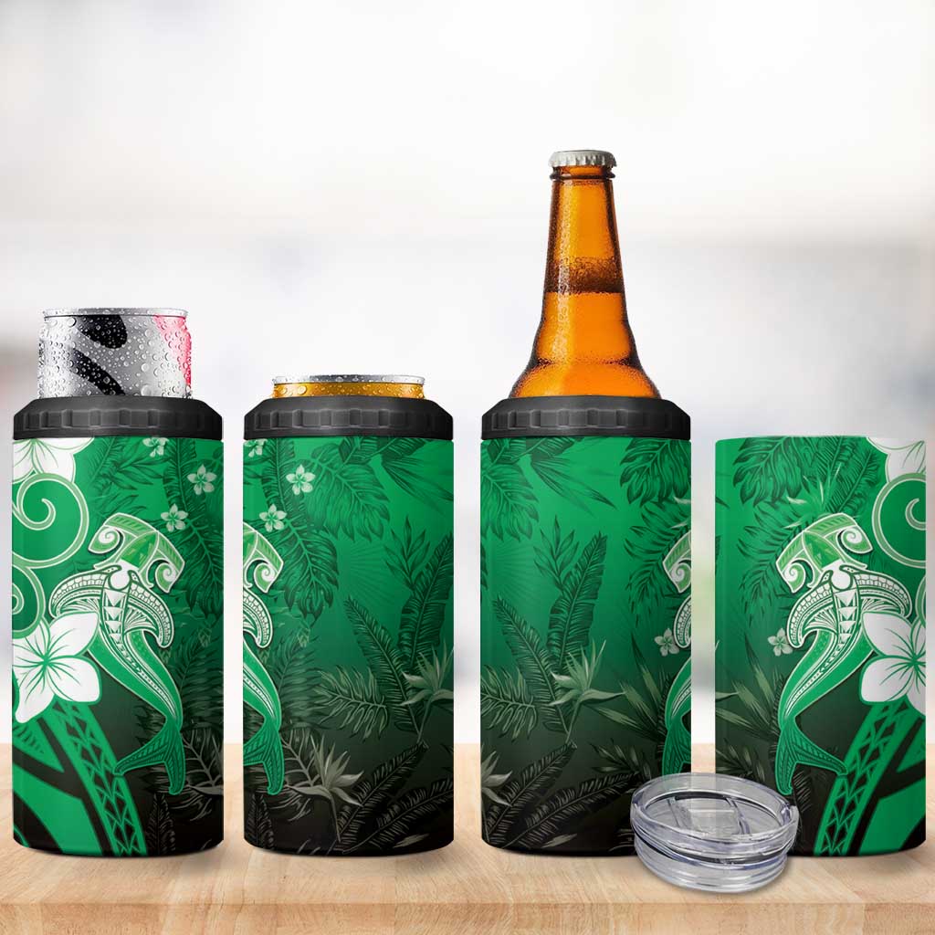 Polynesia Hammerhead Shark 4 in 1 Can Cooler Tumbler Green Tribal Pattern With Plumeria - Polynesian Pride
