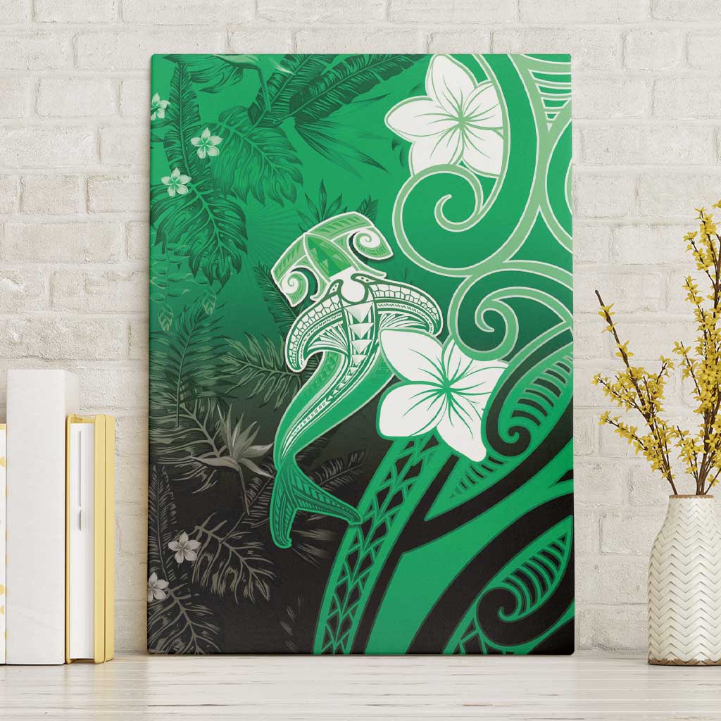 Polynesia Hammerhead Shark Canvas Wall Art Green Tribal Pattern With Plumeria - Polynesian Pride