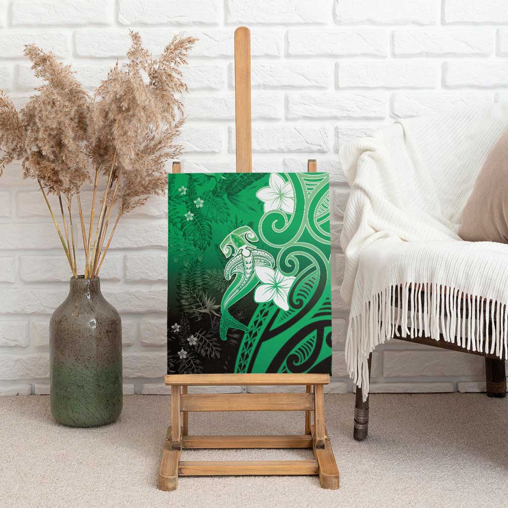 Polynesia Hammerhead Shark Canvas Wall Art Green Tribal Pattern With Plumeria - Polynesian Pride