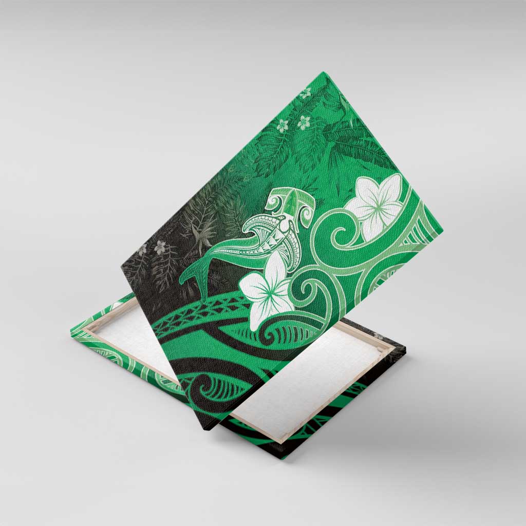 Polynesia Hammerhead Shark Canvas Wall Art Green Tribal Pattern With Plumeria - Polynesian Pride