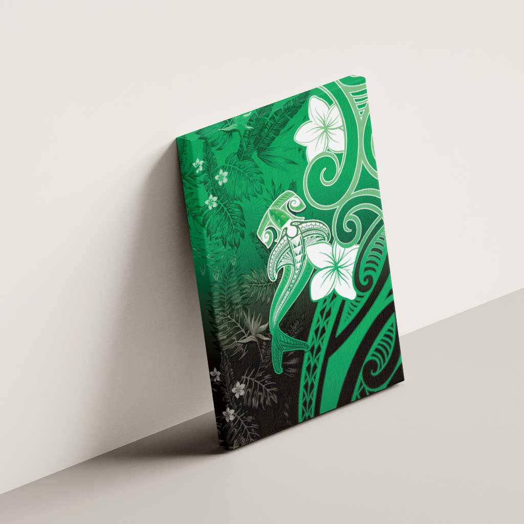 Polynesia Hammerhead Shark Canvas Wall Art Green Tribal Pattern With Plumeria - Polynesian Pride