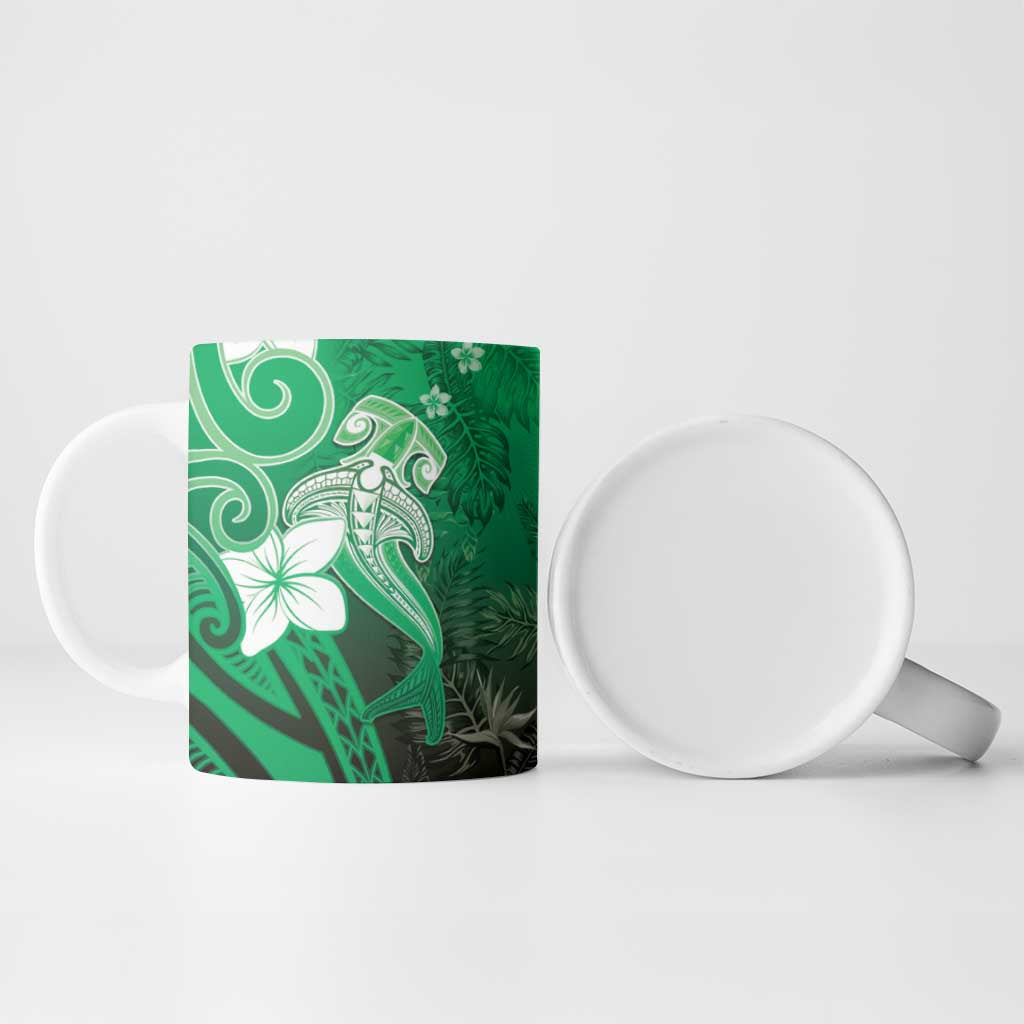 Polynesia Hammerhead Shark Ceramic Mug Green Tribal Pattern With Plumeria - Polynesian Pride