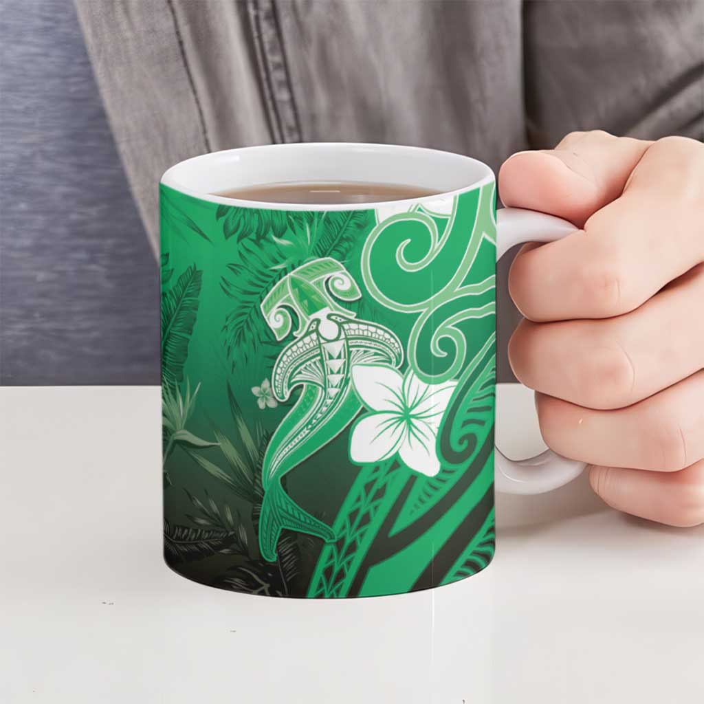Polynesia Hammerhead Shark Ceramic Mug Green Tribal Pattern With Plumeria - Polynesian Pride