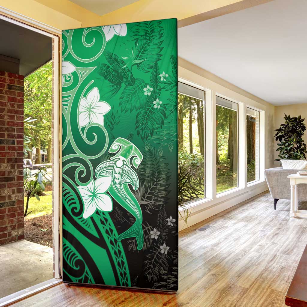 Polynesia Hammerhead Shark Door Cover Green Tribal Pattern With Plumeria - Polynesian Pride