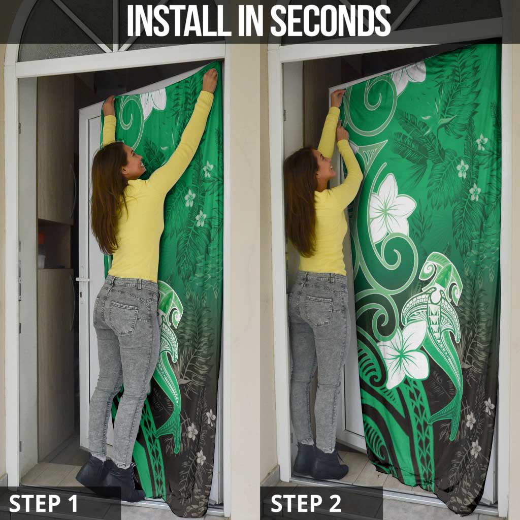 Polynesia Hammerhead Shark Door Cover Green Tribal Pattern With Plumeria - Polynesian Pride