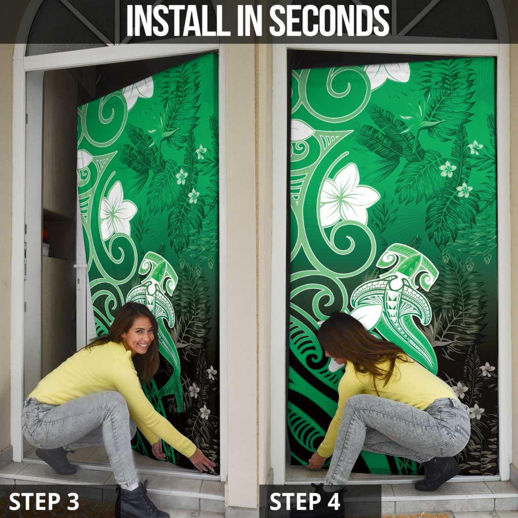 Polynesia Hammerhead Shark Door Cover Green Tribal Pattern With Plumeria - Polynesian Pride