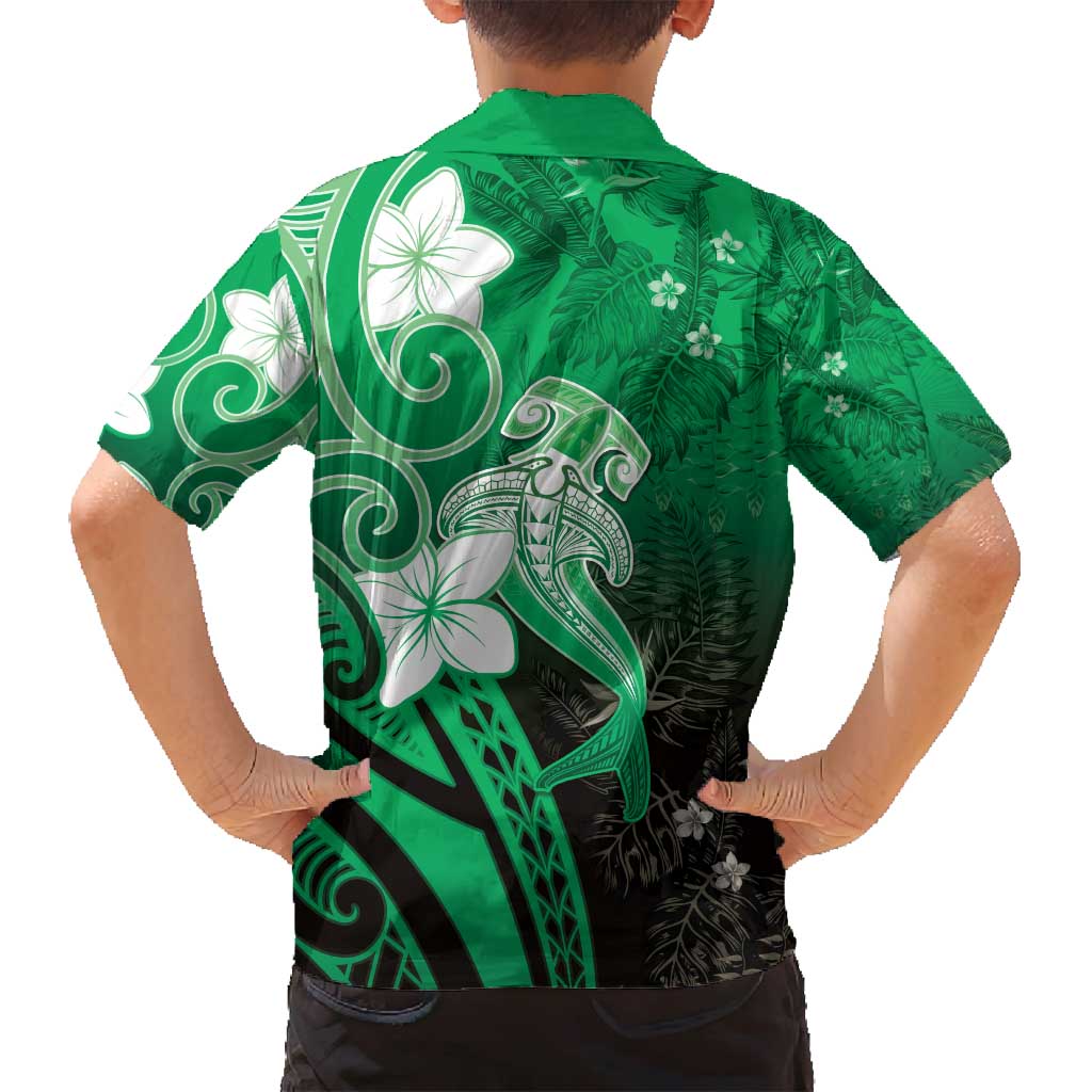 Polynesia Hammerhead Shark Family Matching Long Sleeve Bodycon Dress and Hawaiian Shirt Green Tribal Pattern With Plumeria - Polynesian Pride
