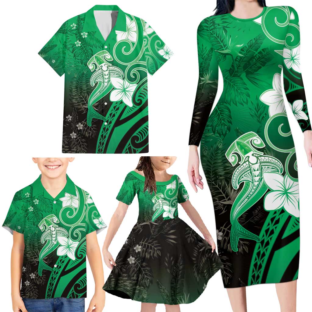 Polynesia Hammerhead Shark Family Matching Long Sleeve Bodycon Dress and Hawaiian Shirt Green Tribal Pattern With Plumeria LT05 - Polynesian Pride