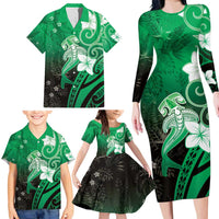 Polynesia Hammerhead Shark Family Matching Long Sleeve Bodycon Dress and Hawaiian Shirt Green Tribal Pattern With Plumeria - Polynesian Pride