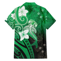 Polynesia Hammerhead Shark Family Matching Long Sleeve Bodycon Dress and Hawaiian Shirt Green Tribal Pattern With Plumeria - Polynesian Pride