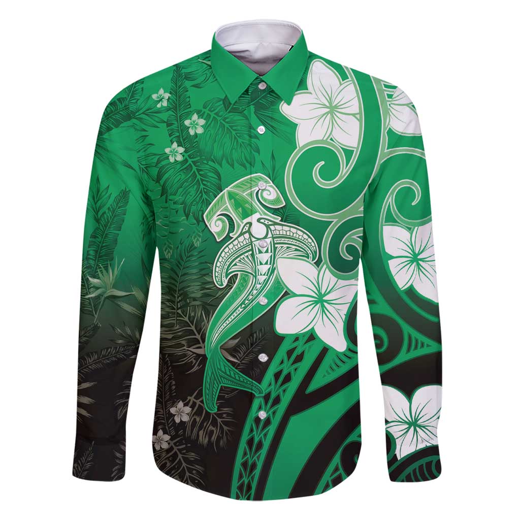Polynesia Hammerhead Shark Family Matching Long Sleeve Bodycon Dress and Hawaiian Shirt Green Tribal Pattern With Plumeria - Polynesian Pride